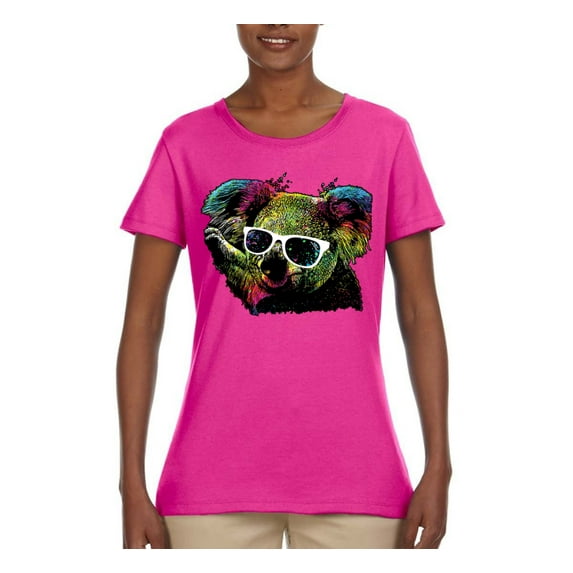 Neon Technicolor Trippy Party Rainbow Koala | Womens Animal Lover Graphic T-Shirt, Fuschia, Large