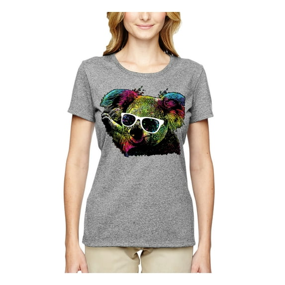 Neon Technicolor Trippy Party Rainbow Koala | Womens Animal Lover Graphic T-Shirt, Heather Grey, 2XL