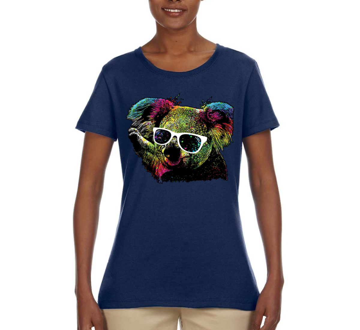 Neon Technicolor Trippy Party Rainbow Koala | Womens Animal Lover Graphic T-Shirt, Navy, Medium - image 1 of 4