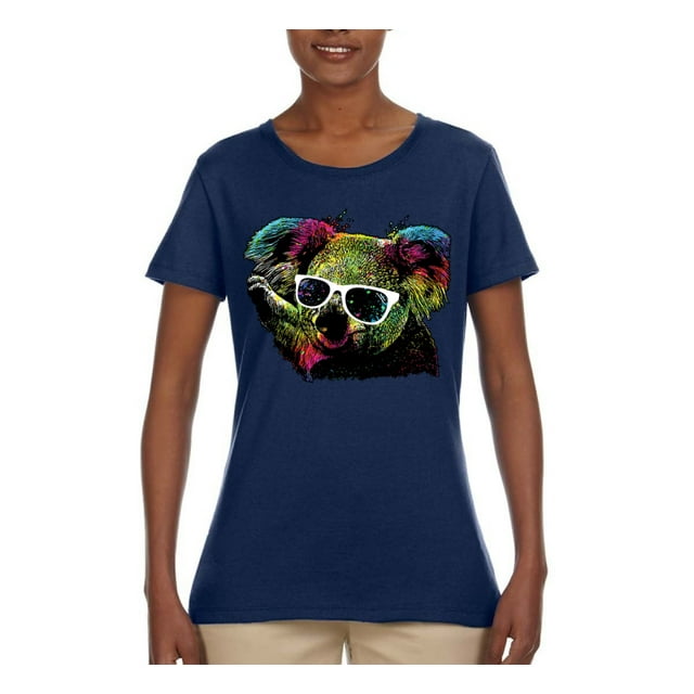 Neon Technicolor Trippy Party Rainbow Koala | Womens Animal Lover Graphic T-Shirt, Navy, Medium