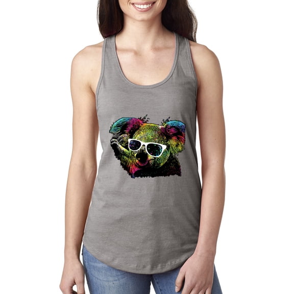 Neon Technicolor Trippy Party Rainbow Koala | Womens Animal Lover Jersey Racerback Tank Top, Heather Grey, Small