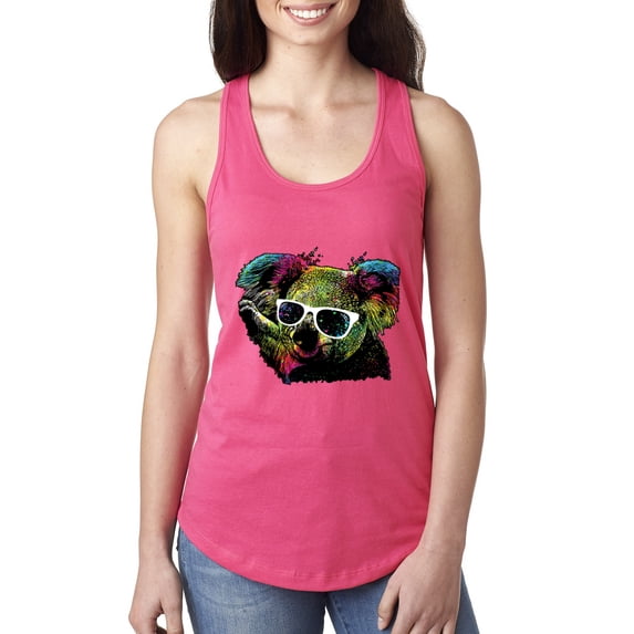 Neon Technicolor Trippy Party Rainbow Koala | Womens Animal Lover Jersey Racerback Tank Top, Hot Pink, Medium