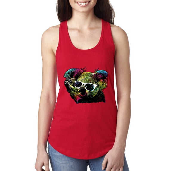 Neon Technicolor Trippy Party Rainbow Koala | Womens Animal Lover Jersey Racerback Tank Top, Red, Medium