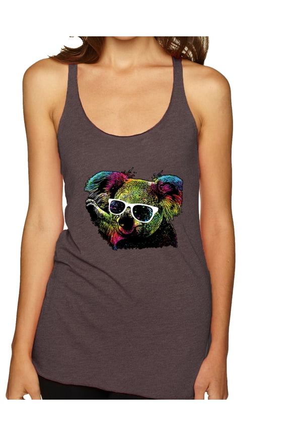 Neon Technicolor Trippy Party Rainbow Koala | Womens Animal Lover Premium Tri-Blend Racerback Tank Top, Brown, X-Large