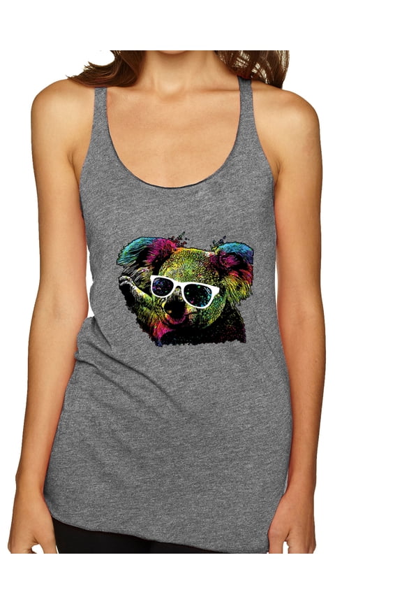 Neon Technicolor Trippy Party Rainbow Koala | Womens Animal Lover Premium Tri-Blend Racerback Tank Top, Premium Heather, Medium