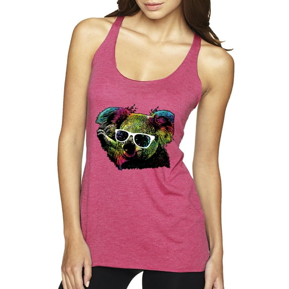 Neon Technicolor Trippy Party Rainbow Koala | Womens Animal Lover Premium Tri-Blend Racerback Tank Top, Vintage Pink, Large