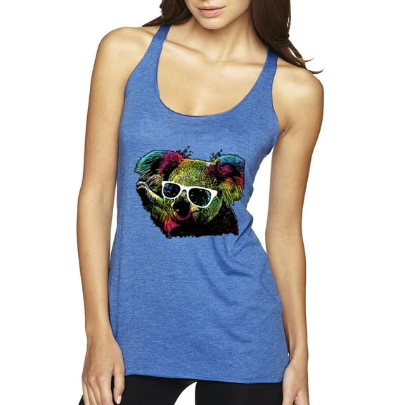 Neon Technicolor Trippy Party Rainbow Koala | Womens Animal Lover Premium Tri-Blend Racerback Tank Top, Vintage Royal, Small