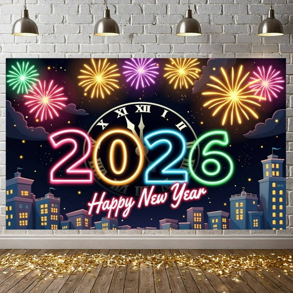 Neon Theme Happy New Year Banner Colorful Design 2026 Banner Fireworks Pattern Clock New Year Backdrop for New Year Party 2026 Celebration Countdown Event