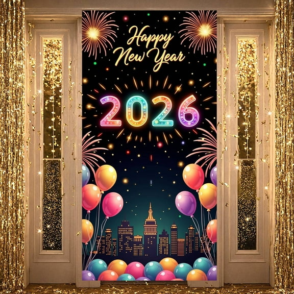 Neon Theme Happy New Year Banner Fireworks Design 2026 Background Colorful Balloons Golden Stars New Year Celebration Backdrop for New Year Party Family Gathering Photo Backdrop