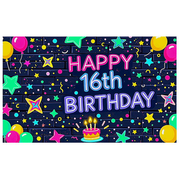Neon Themed 16th Birthday Backdrop Banner Decorations with Balloons Stars and Cake Background Party Supplies for Photography Props Birthday Party Decor Happy 16th Birthday Celebrations