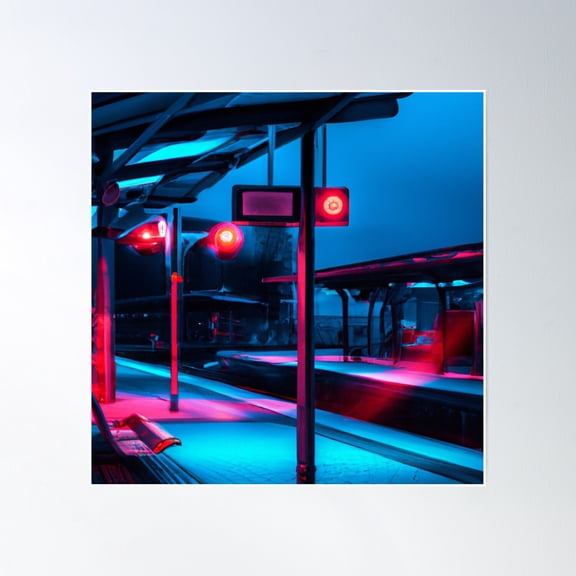 Neon Train Station Design Made With Artificial Intelligence Poster Wall Art, Modern Wall Decor, 8x12 UNFRAMED