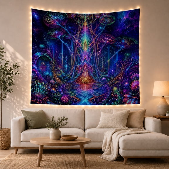 Neon Tree of Life with Reflective Pool, Mystical Psychedelic Style for Mushroom Lovers, Cosmic Wall Decor, Housewarming Gift, Tapestry Wall Hanging for Bedroom and Dorm