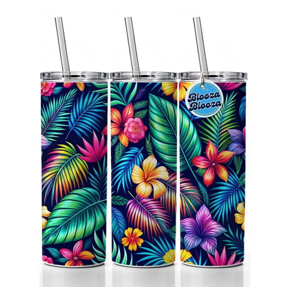 Neon Tropical Floral Pattern 20oz Insulated Water Bottle Skinny Tumbler Includes Straw
