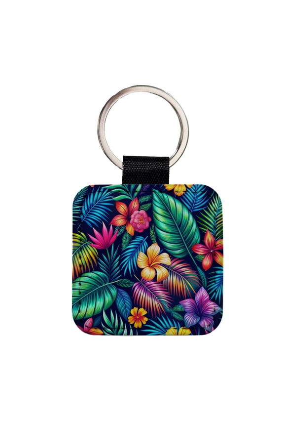Neon Tropical Floral Pattern Faux Leather Square Keychain