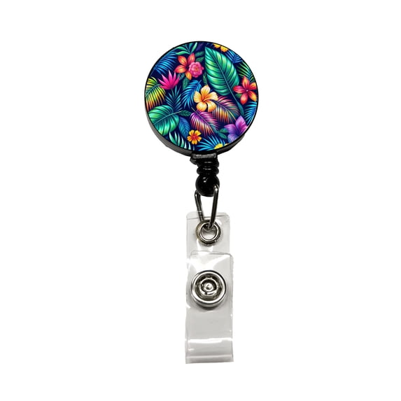 Neon Tropical Floral Pattern Retractable Reel ID Badge Key Card Name Tag Holder with Clip