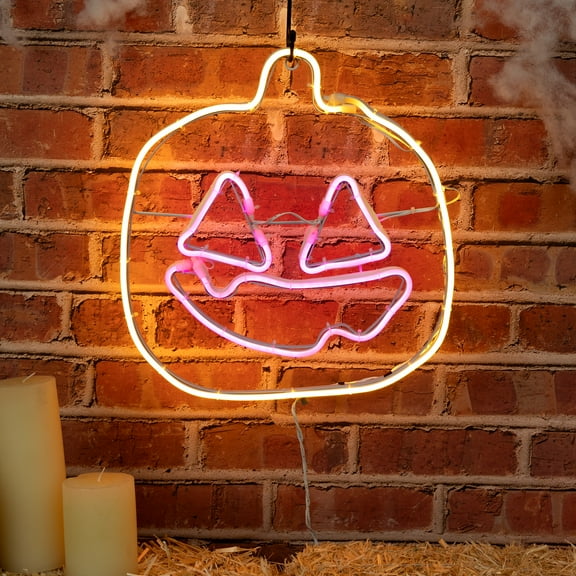 Neon Tube LED Pumpkin with Purple Face Hanging Decor