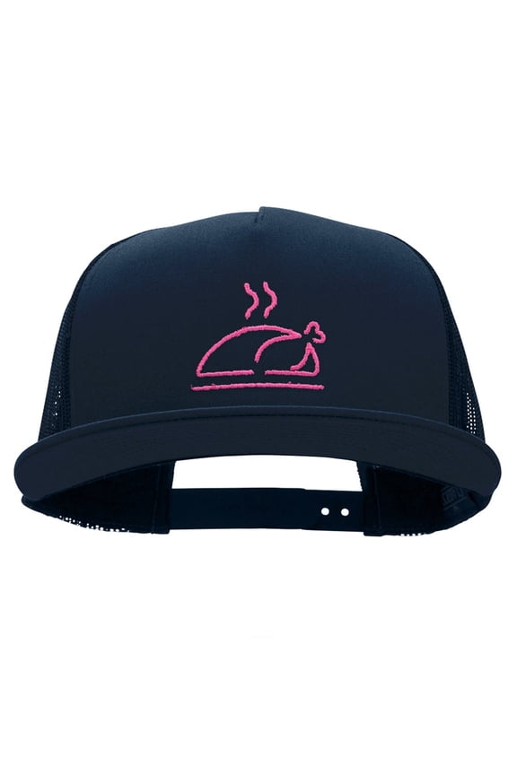 Neon Turkey Embroidered 5 Panel Mesh Trucker Snapback Cap - Navy OSFM
