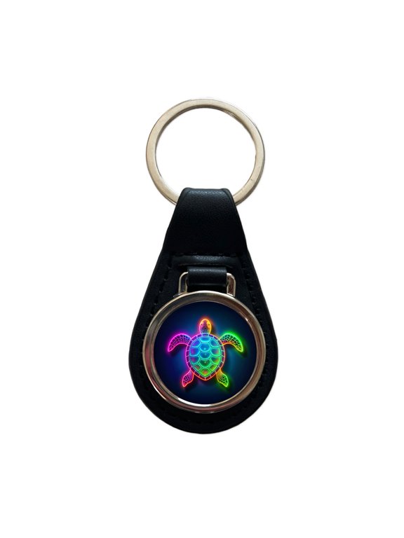 Neon Turtle Metal Black Leather Keychain