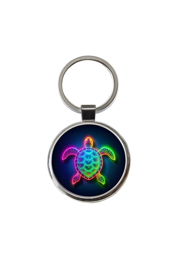 Neon Turtle Metal Round Keychain