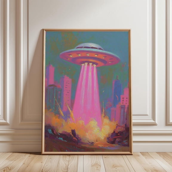 Neon UFO City Invasion Retro Sci-Fi Urban Home Wall Art Print Decor, Unframed Paper Poster 8x10in