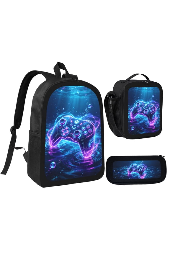 Neon Underwater Game Controller Print 3 in 1 Backpack Set Matte Polyester Bag with Insulated Lunch Tote and Stationery Pouch for Daily Commute Outdoor Travel