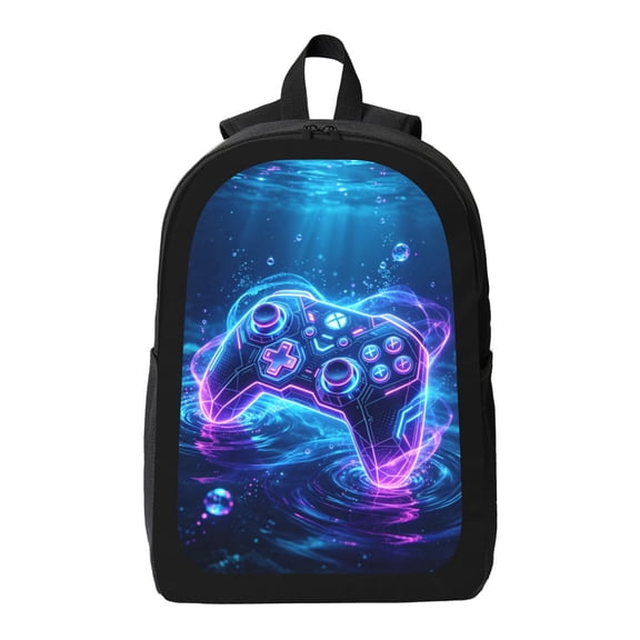 Neon Underwater Game Controller Print Adult Travel Backpack, Lightweight 600D Polyester Oxford Casual Gamer Daypack With Adjustable Padded Straps