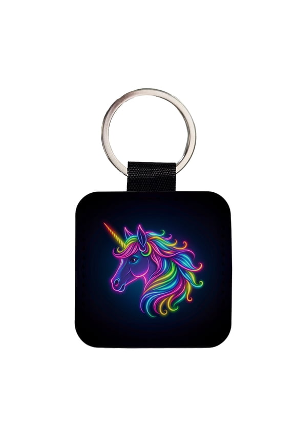 Neon Unicorn Head Fantasy Faux Leather Square Keychain