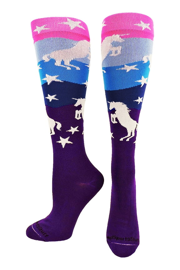 Neon Unicorn Over the Calf Socks (Neon Pink/Blue/Purple, Large)