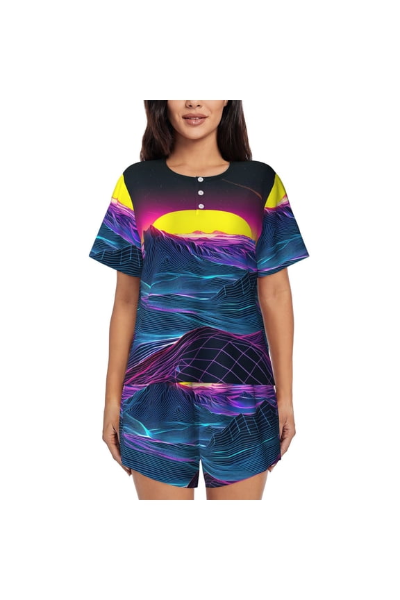 Neon Valley Cyber Future (15) Womens Pajamas Short Set Soft Short Sleeve Sleepwear Button Down Pjs Set with Pockets S XXL Small