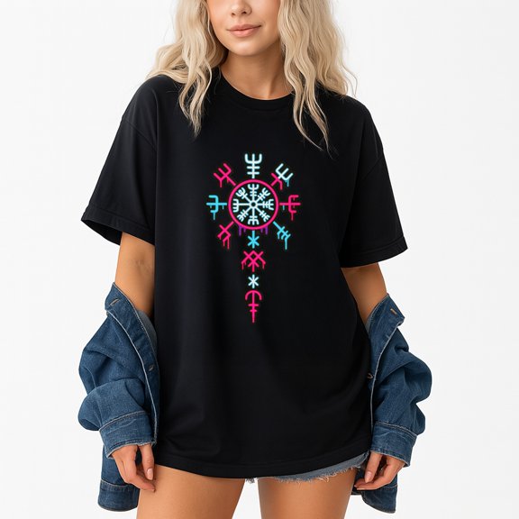 Neon Vegvisir Symbol T-Shirt – Norse Mythology Theme – Mythology Enthusiast Wear