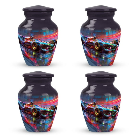 Neon Velocity Racing Blur Car - Small Keepsake Urns For Human Ashes - Petite Memorial Urn for Adult Ashes - Tiny Elegant Keepsake - Small Cremation Solution 3 Inch, Set Of 4