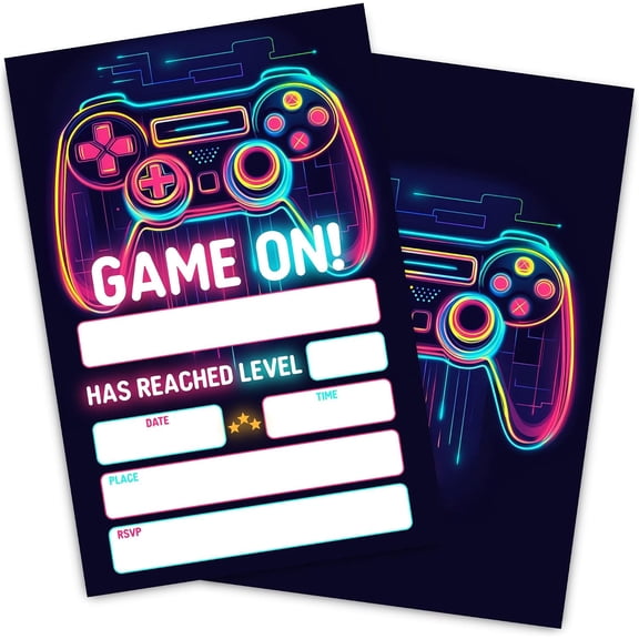 Neon Video Game Birthday Party Invitation Cards, Gamer Birthday Invite for Boys Girls, Red Blue Glow Invite, Double-Sided Design, 30 Cards with 30 Envelopes