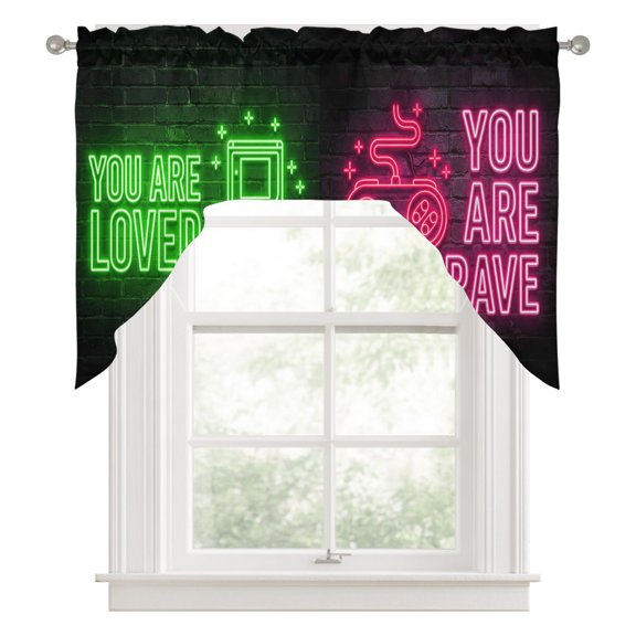 Neon Video Game Kitchen Curtains Swag Valance for Windows/Bathroom/Cafe, Cartoon Funny Colorful Text Gaming Brick Rod Pocket Drape Panel Swag Curtains Valance for Bedroom/Living Room 56"x36"