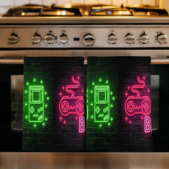 Neon Video Game Kitchen Towels Set of 1, Cartoon Funny Colorful Text Gaming Brick Absorbent Dish Towels for Kitchen, Microfiber Hand Towel, Quick Drying Tea Towel for Cleaning Decorative Dishcloths