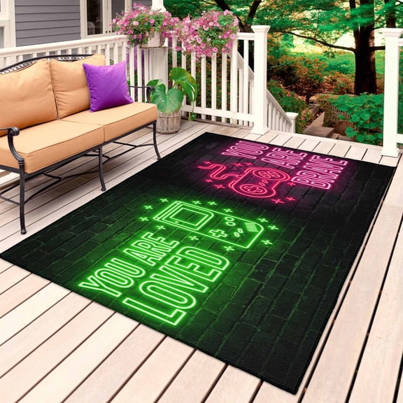 Neon Video Game Outdoor Rug for Patio/Deck/Porch, Non-Slip Large Area Rug 3 x 5 Ft, Cartoon Funny Colorful Text Gaming Brick Indoor Outdoor Rugs Washable Area Rugs, Camping Rug Carpet Runner