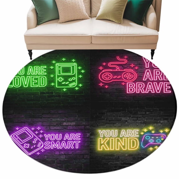 Neon Video Game Round Rug 5ft Washable Circle Kitchen Rugs Non Slip Cartoon Funny Colorful Text Gaming Brick Large Area Rug Indoor Floor Carpet for Bedroom Living Room Home Office Dining Room Nursery