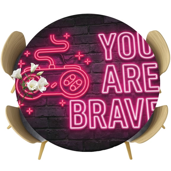 Neon Video Game Round Tablecloth 45-54 Inch Round Fitted Table Cloth with Elastic Edge, Pink Text Graffiti Brick Art Black Waterproof Table Cover Protector for Outdoor Picnic Party Dining
