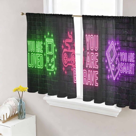 Neon Video Game Sheer Curtains 45 Inch Length 2 Panels Set, Cartoon Funny Colorful Text Gaming Brick Voile Window Treatment Rod Pocket Small Kitchen Curtains Drapes for Bedroom 52"x45"x2