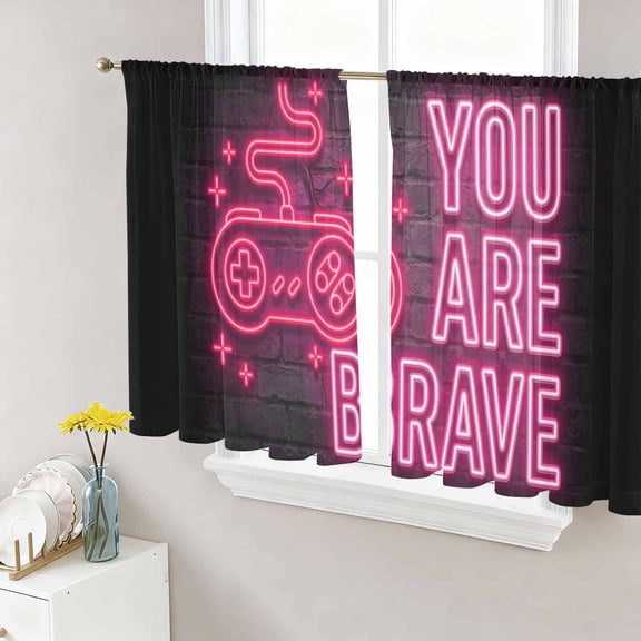 Neon Video Game Sheer Curtains 45 Inch Length 2 Panels Set, Pink Text Graffiti Brick Art Black Voile Window Treatment Rod Pocket Small Kitchen Curtains Drapes for Bedroom 52"x45"x2