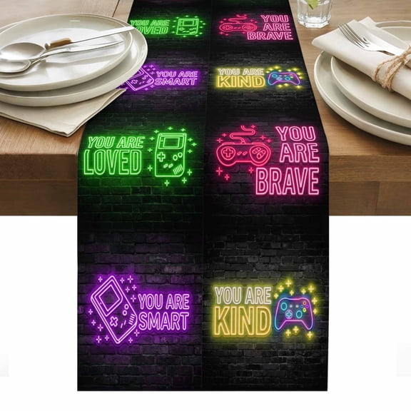 Neon Video Game Table Runner Cartoon Funny Colorful Text Gaming Brick Tablerunners 13 x 36 Inch, Table Decorations Tabletop Scarf for Summer Gathering Holiday Farmhouse Kitchen Dining Decor
