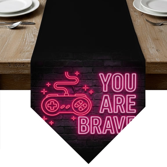 Neon Video Game Table Runner Linen Burlap Table Runner 36 Inches Small Pink Text Graffiti Brick Art Black Dresser Scarves for Kitchen Island Coffee Dining Room Party Wedding Holiday Decor 13"x36"