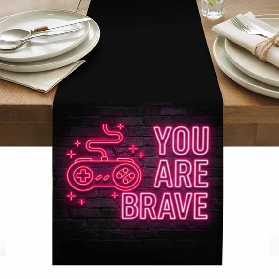 Neon Video Game Table Runner Pink Text Graffiti Brick Art Black Tablerunners 13 x 36 Inch, Table Decorations Tabletop Scarf for Summer Gathering Holiday Farmhouse Kitchen Dining Decor