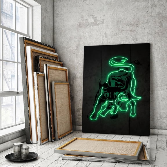 Neon Wall Street Bull, Stock Market Trader Motivational Art Office Trading Decor, Charging Bull Poster Investing Finance Investor Poster, UNFRAMED