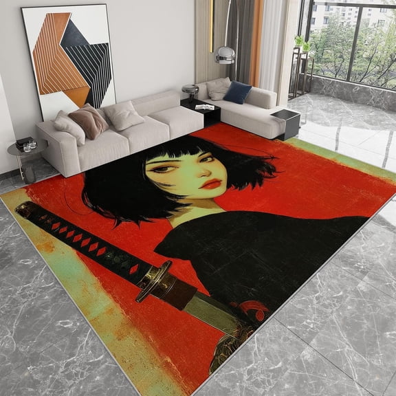 Neon Warrior Girl Area Rugs, Futuristic Neon Warrior Girl Carpet, Washable Non Slip Low Pile Soft Rug for Living Room Dining Room Entryway Decor Mat 2x3ft