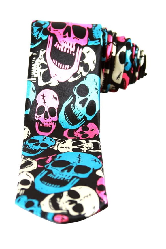 Neon White Blue Pink Skulls Black Neck Tie