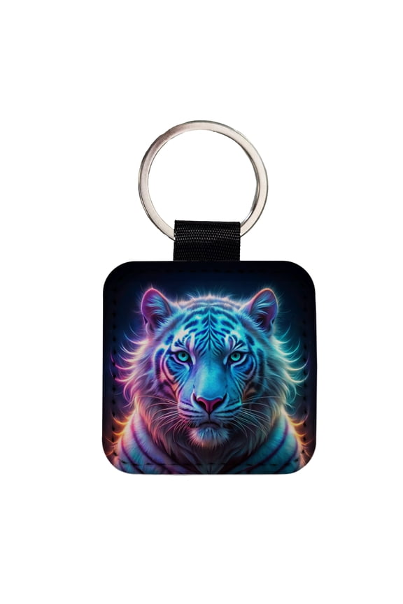 Neon White Tiger Face Faux Leather Square Keychain