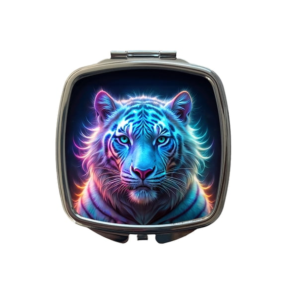 Neon White Tiger Face Travel Makeup Handbag Purse Small Pocket Compact Mirror