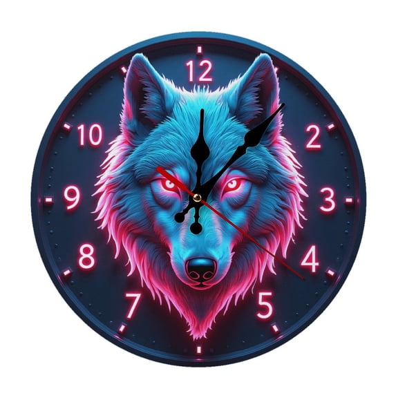 Neon Wolf Fantasy Wall Clock 10 Inch Silent Non Ticking Round Wooden Clock Decoration for Living Room Kitchen Bedroom Bathroom Office Classroom