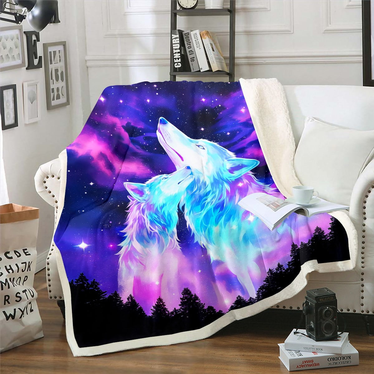 Neon Wolf Throw Blanket for Boys Girls 3D Wolves Printed Sherpa Blanket