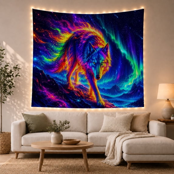 Neon Wolf Walking on Mountain Ridge Under Cosmic Aurora, Adventurous Fantasy for Wolf Lovers, Wildlife Wall Art, Housewarming Gift, Tapestry Wall Hanging for Bedroom and Dorm